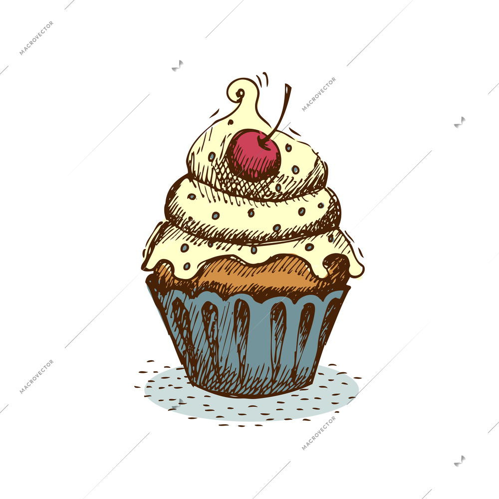 Doodle dessert cupcake with cherry vector illustration