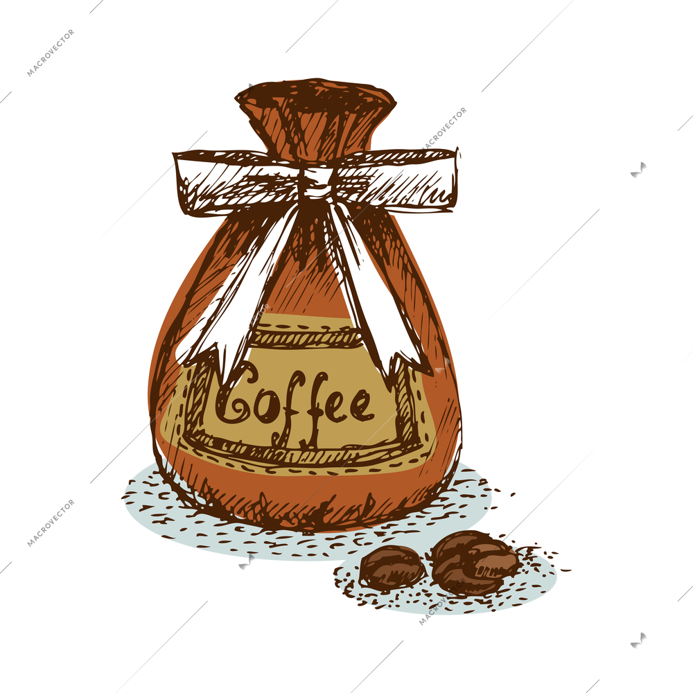 Retro bag of coffee beans with ribbon doodle vector illustration