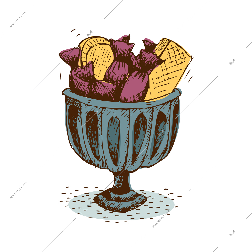 Hand drawn vase with sweets biscuits waffles vector illustration