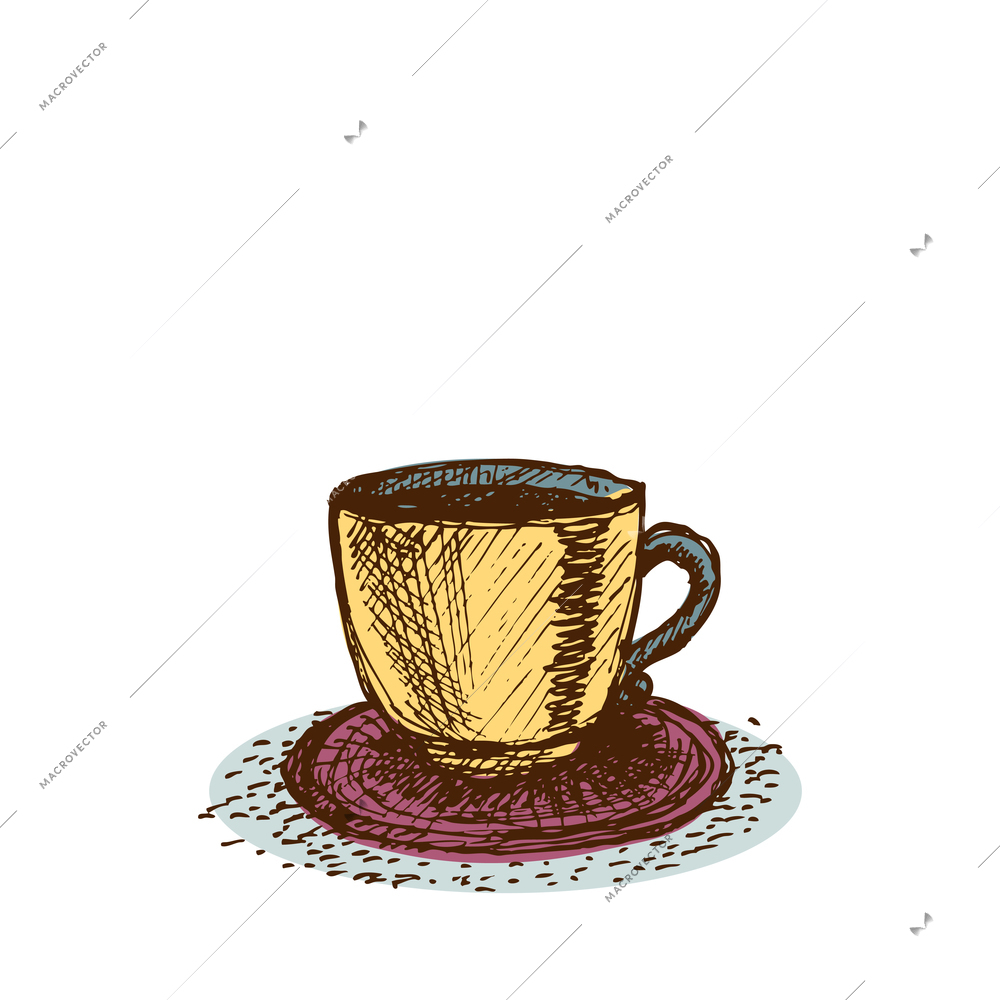 Cup with saucer on white background doodle vector illustration