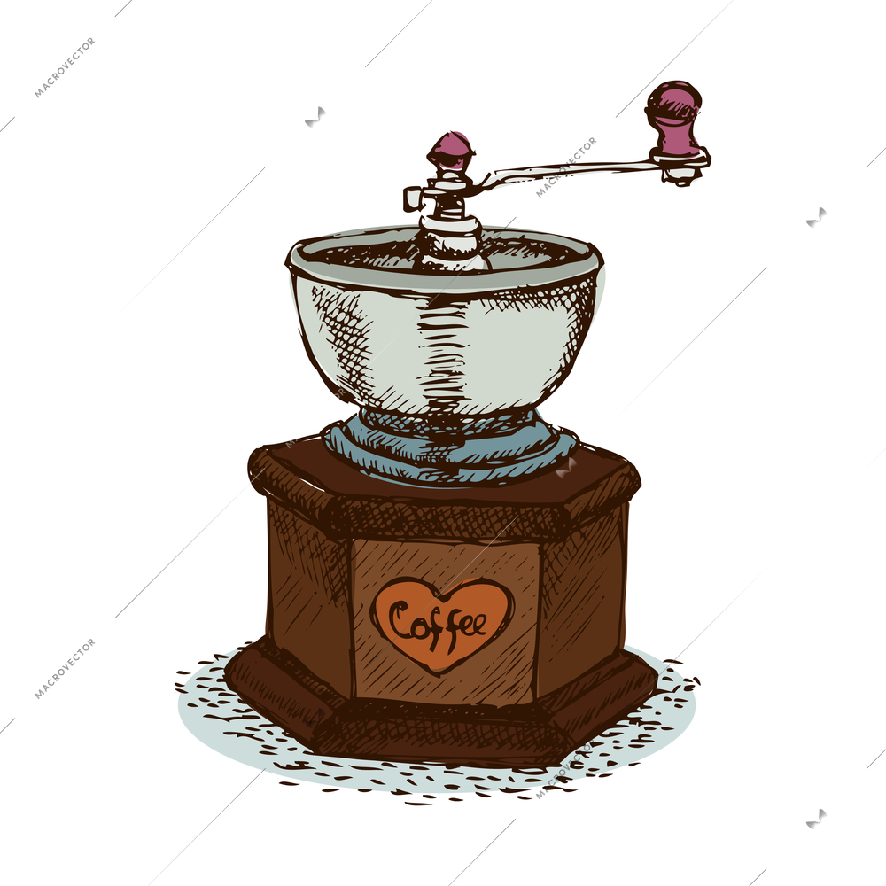 Retro manual coffee grinder on white background doodle vector illustration