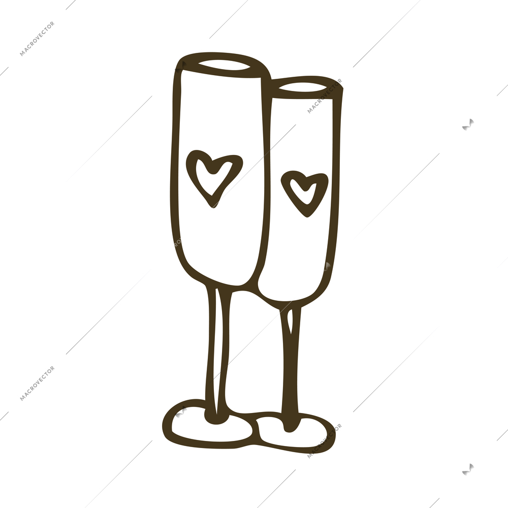 Two doodle champagne glasses with hearts vector illustration