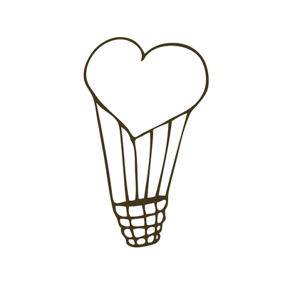 Doodle icon of flying heart shaped balloon with basket vector illustration