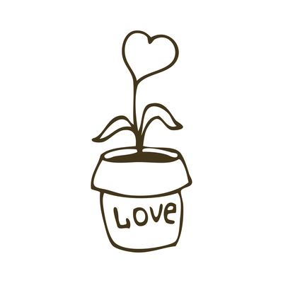 Pot with flower heart and word love doodle icon vector illustration