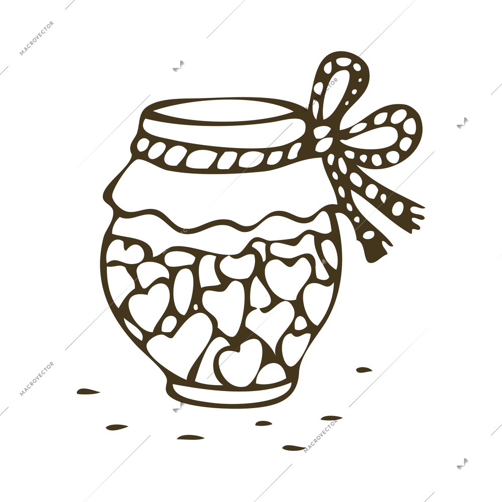 Jar of sweets in shape of heart on white background doodle vector illustration