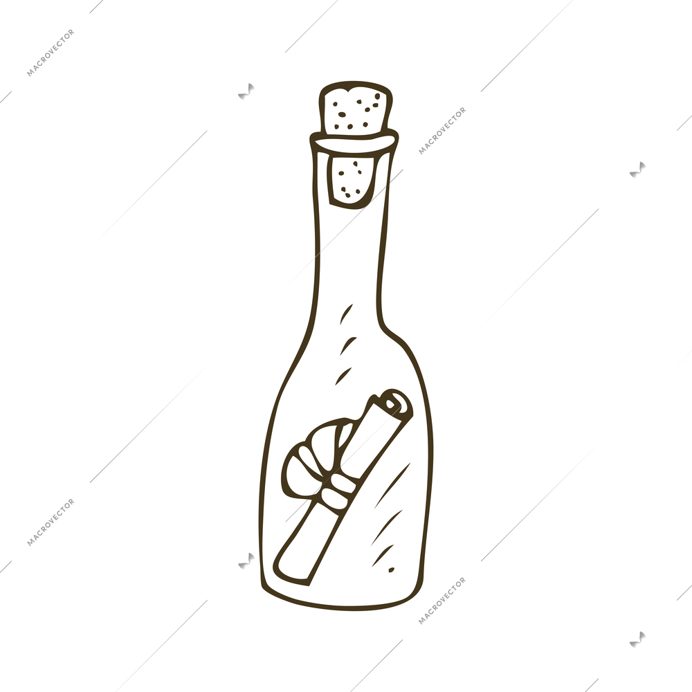 Message on rolled paper in glass bottle doodle vector illustration
