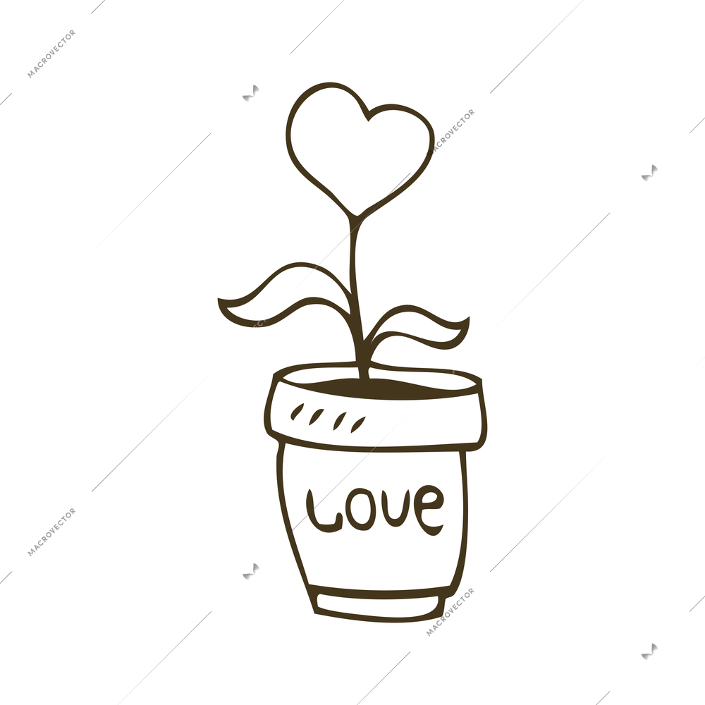Flower in shape of heart growing in pot doodle vector illustration