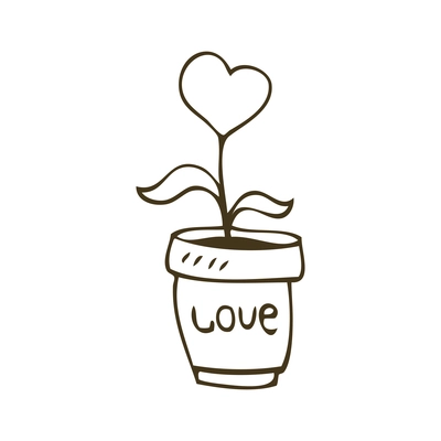 Flower in shape of heart growing in pot doodle vector illustration