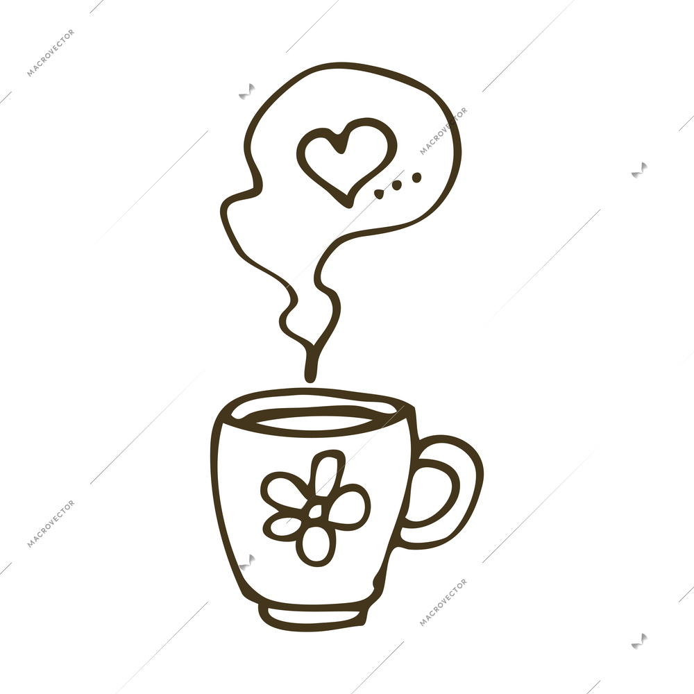 Hand drawn cup with hot drink and heart in steam vector illustration