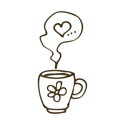 Hand drawn cup with hot drink and heart in steam vector illustration