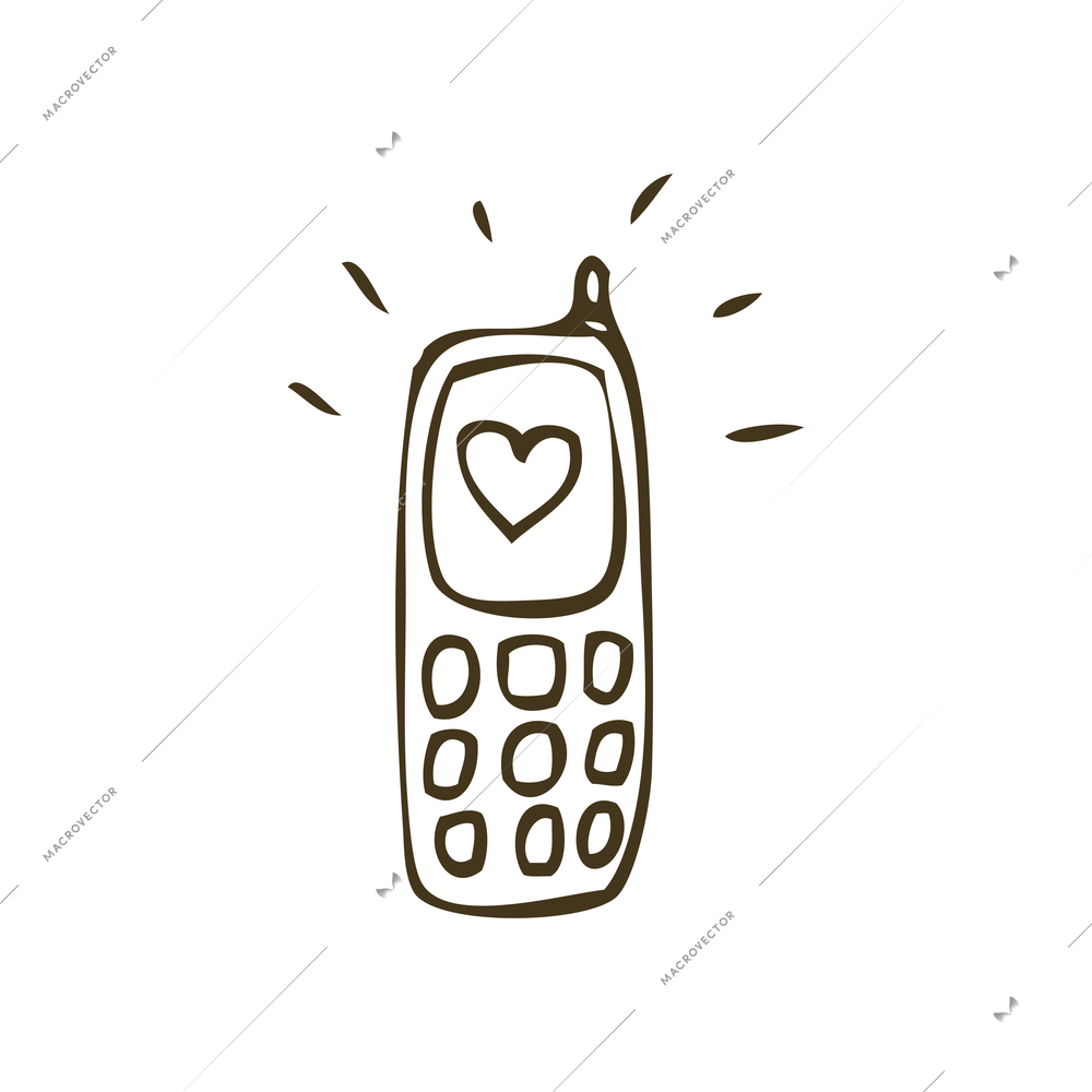 Hand drawn mobile phone with heart on screen vector illustration