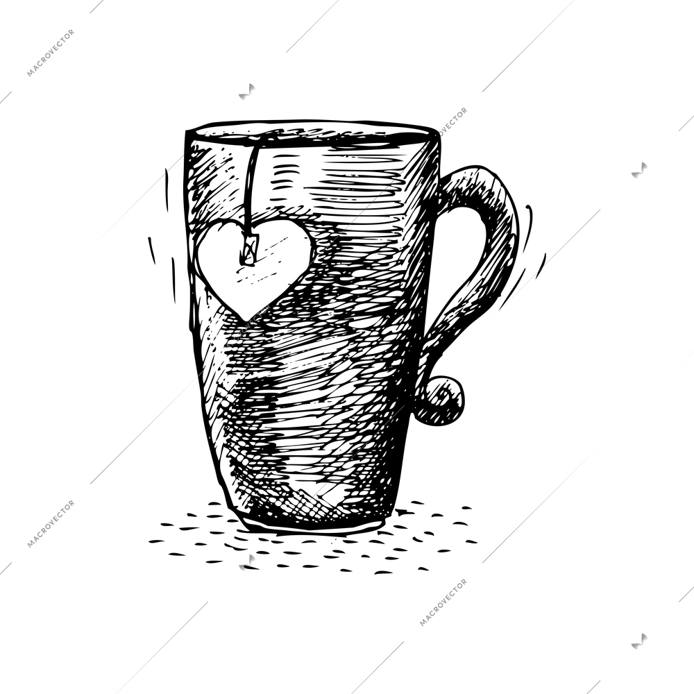 Tea bag with label in shape of heart in cup doodle vector illustration