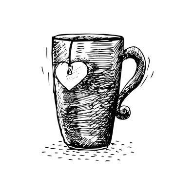 Tea bag with label in shape of heart in cup doodle vector illustration