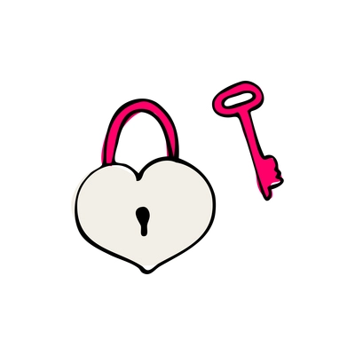 Doodle pink and white heart padlock and key isolated vector illustration