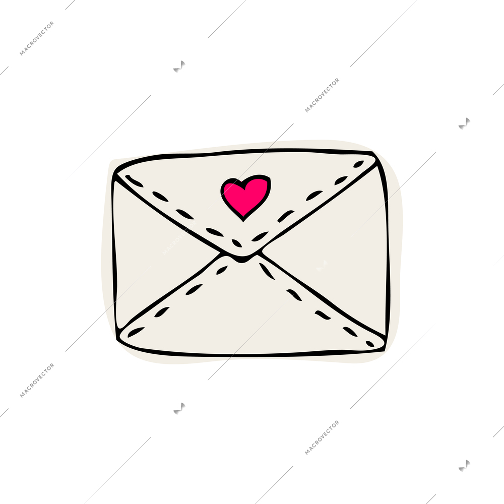 White doodle envelope with pink heart vector illustration