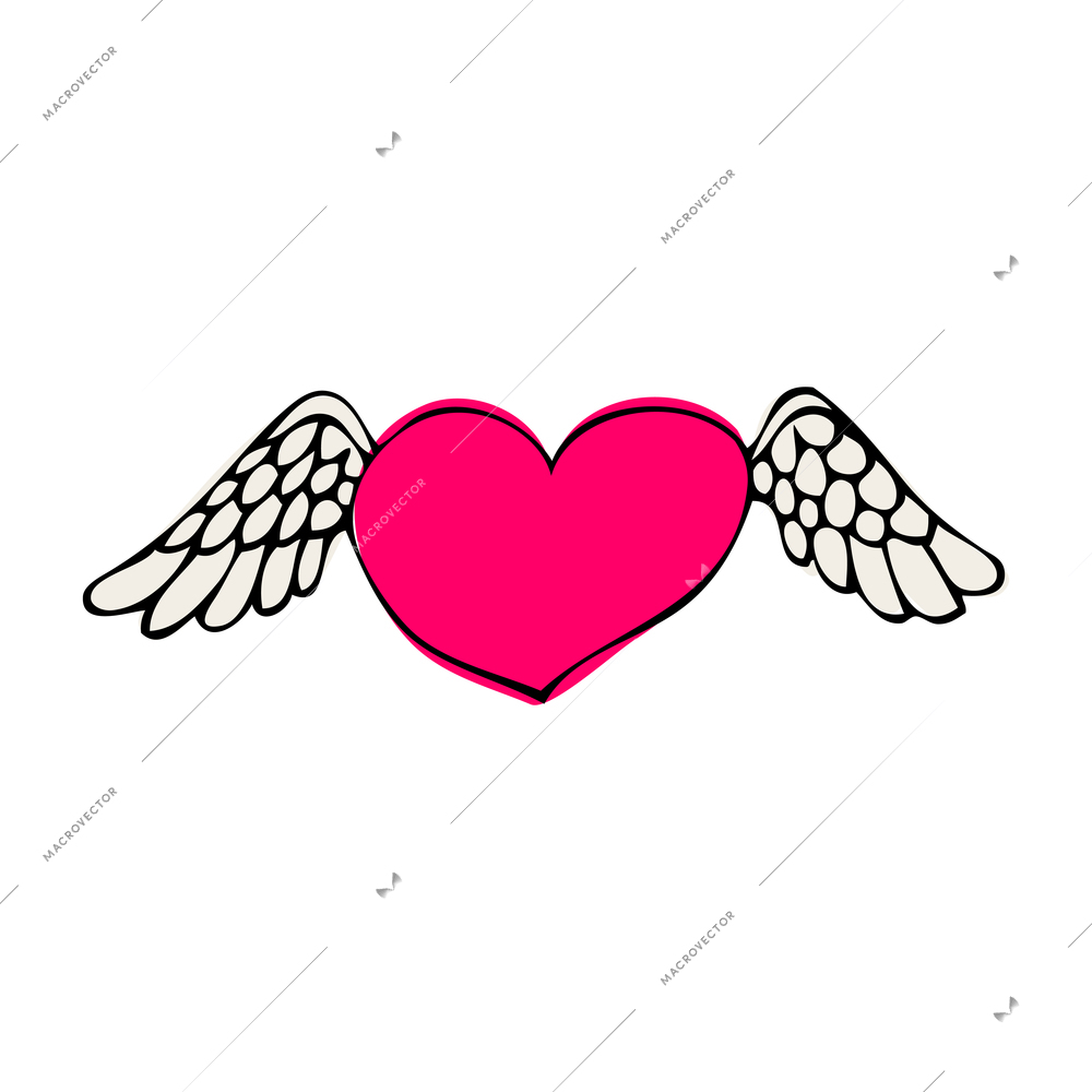 Hand drawn icon of pink heart with wings doodle vector illustration