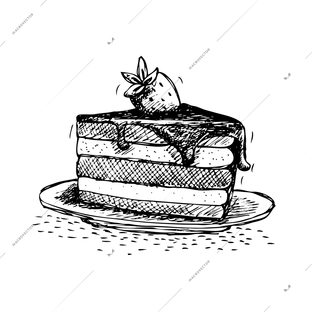 Doodle cake with topping and strawberry on saucer vector illustration