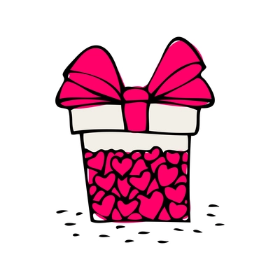 Present box with pink hearts and ribbon doodle icon vector illustration