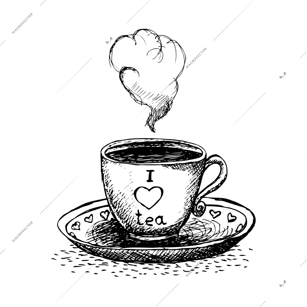 Doodle hand drawn cup of hot tea on saucer vector illustration