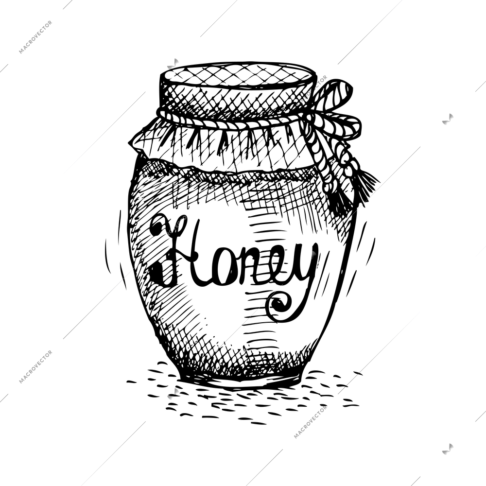 Retro honey jar on white background doodle vector illustration