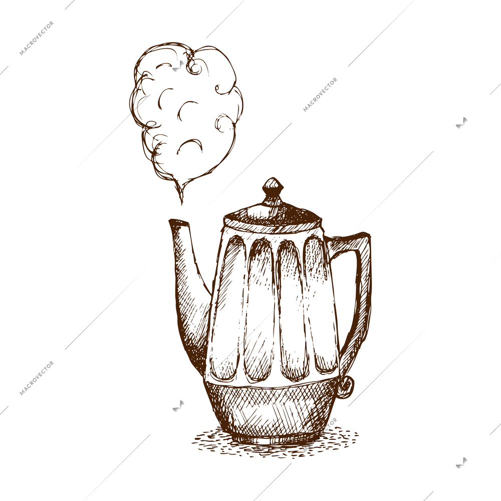 Retro pot of hot tea or coffee doodle vector illustration