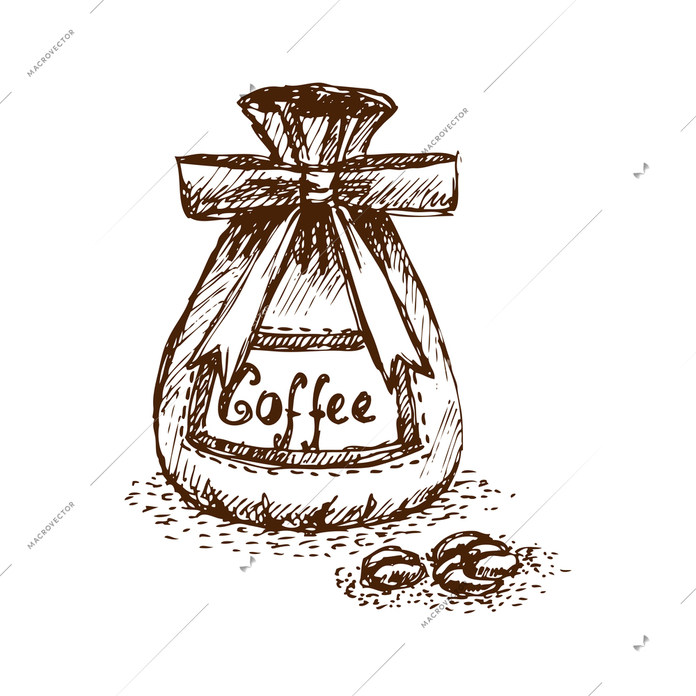 Retro bag with coffee beans on white background doodle vector illustration