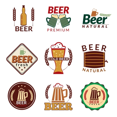 Colored emblems of fresh natural cold premium beer alcohol beverage isolated vector illustration