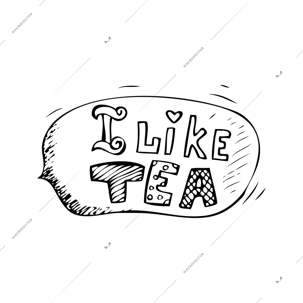 I like tea hand drawn text in speech bubble doodle vector illustration