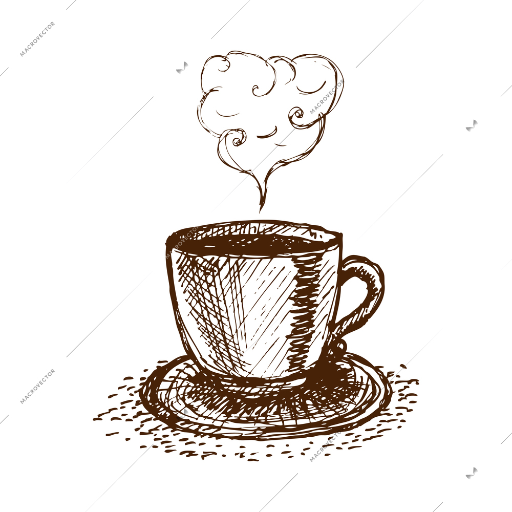 Hand drawn cup of hot coffee on saucer doodle vector illustration