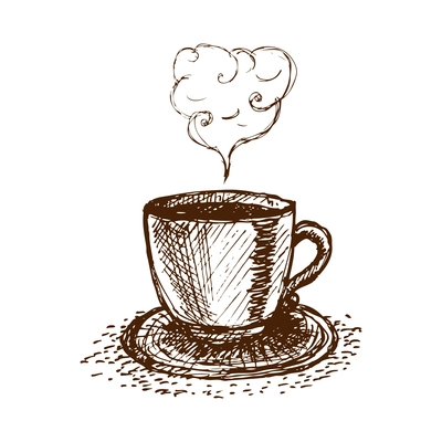 Hand drawn cup of hot coffee on saucer doodle vector illustration