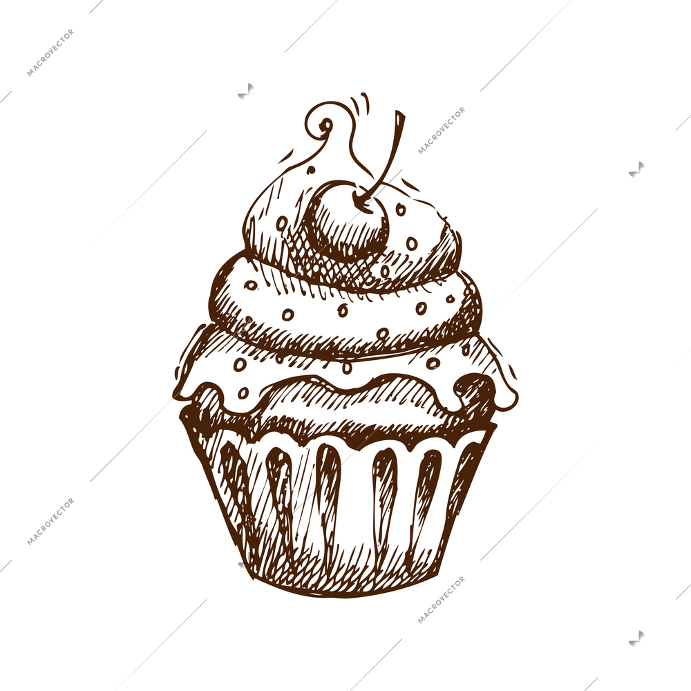 Cupcake with cream and cherry doodle vector illustration