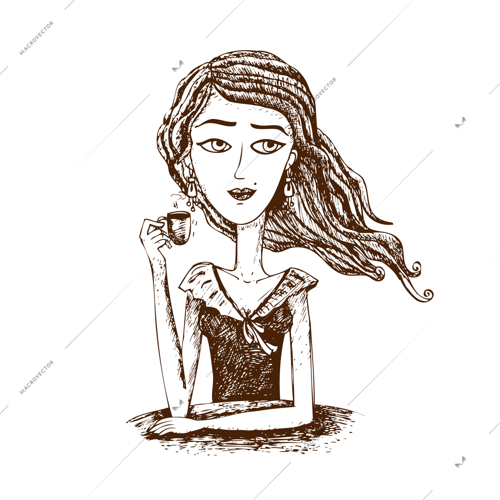 Young woman drinking coffee from small cup doodle hand drawn vector illustration