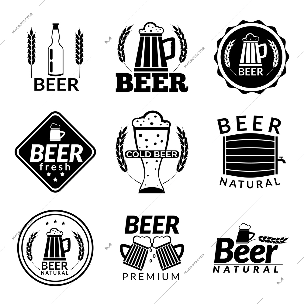 Black emblems of beer alcohol bar and pub isolated vector illustration