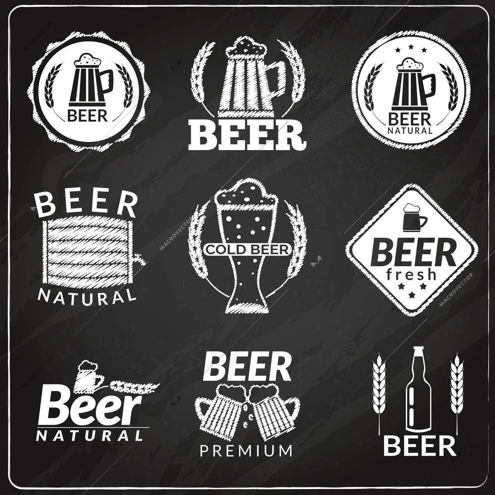 Chalkboard emblems of fresh natural cold premium beer isolated vector illustration