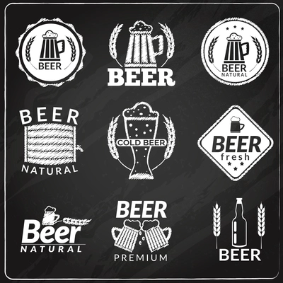 Chalkboard emblems of fresh natural cold premium beer isolated vector illustration