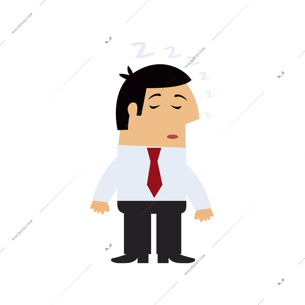 Sleepy office manager standing on white background flat vector illustration