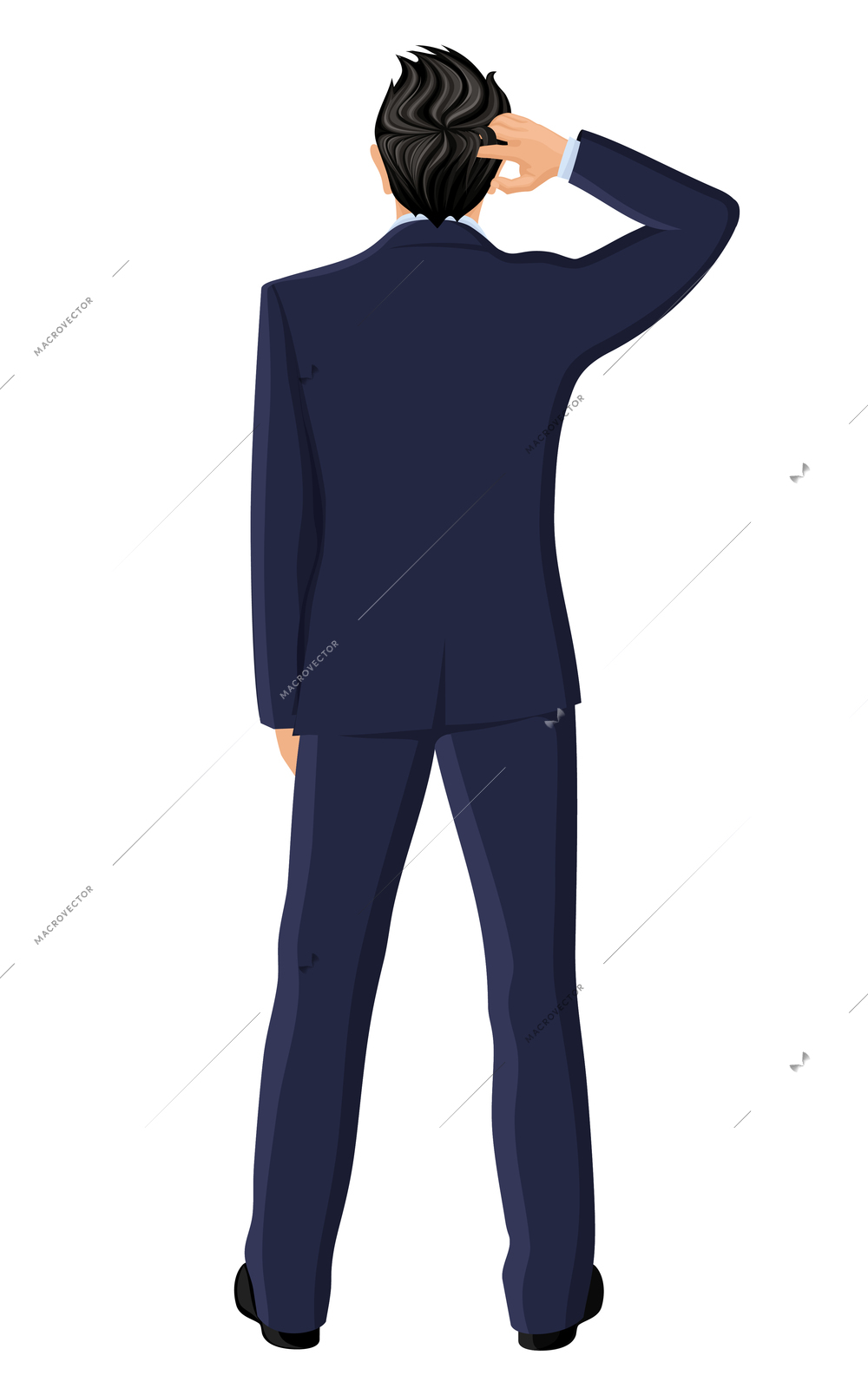 Businessman with hand in hair thinking full length back view portrait isolated on white background vector illustration