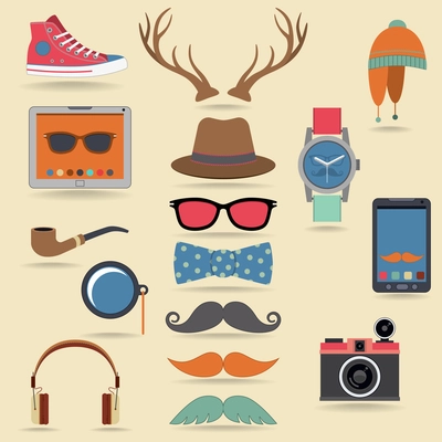 Hipster character pack design elements with moustaches and accessory isolated vector illustration