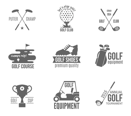 Golf club championship and accessories label black set isolated vector illustration