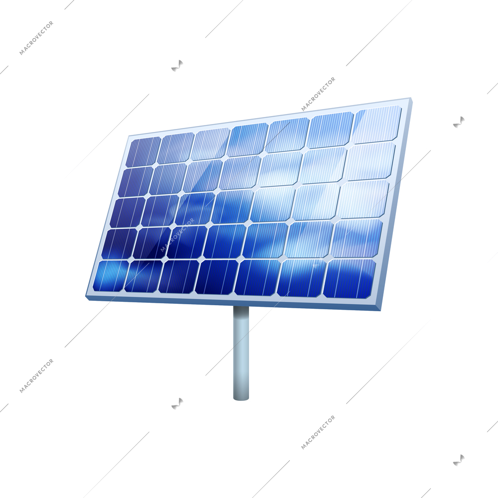 Solar panel with reflection of blue sky and clouds realistic vector illustration