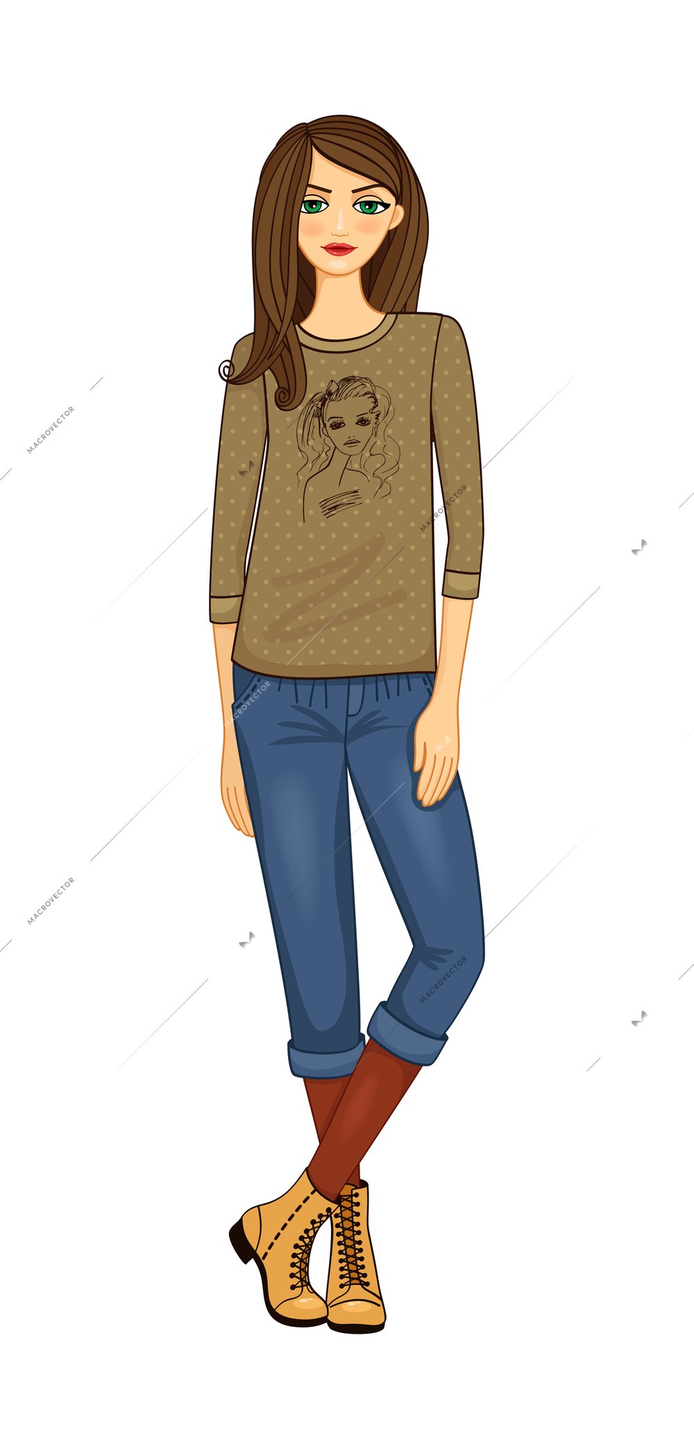 Modern young girl wearing boots jeans shirt on white background flat vector illustration