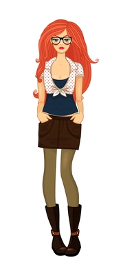 Girl in modern clothes with red hair flat vector illustration