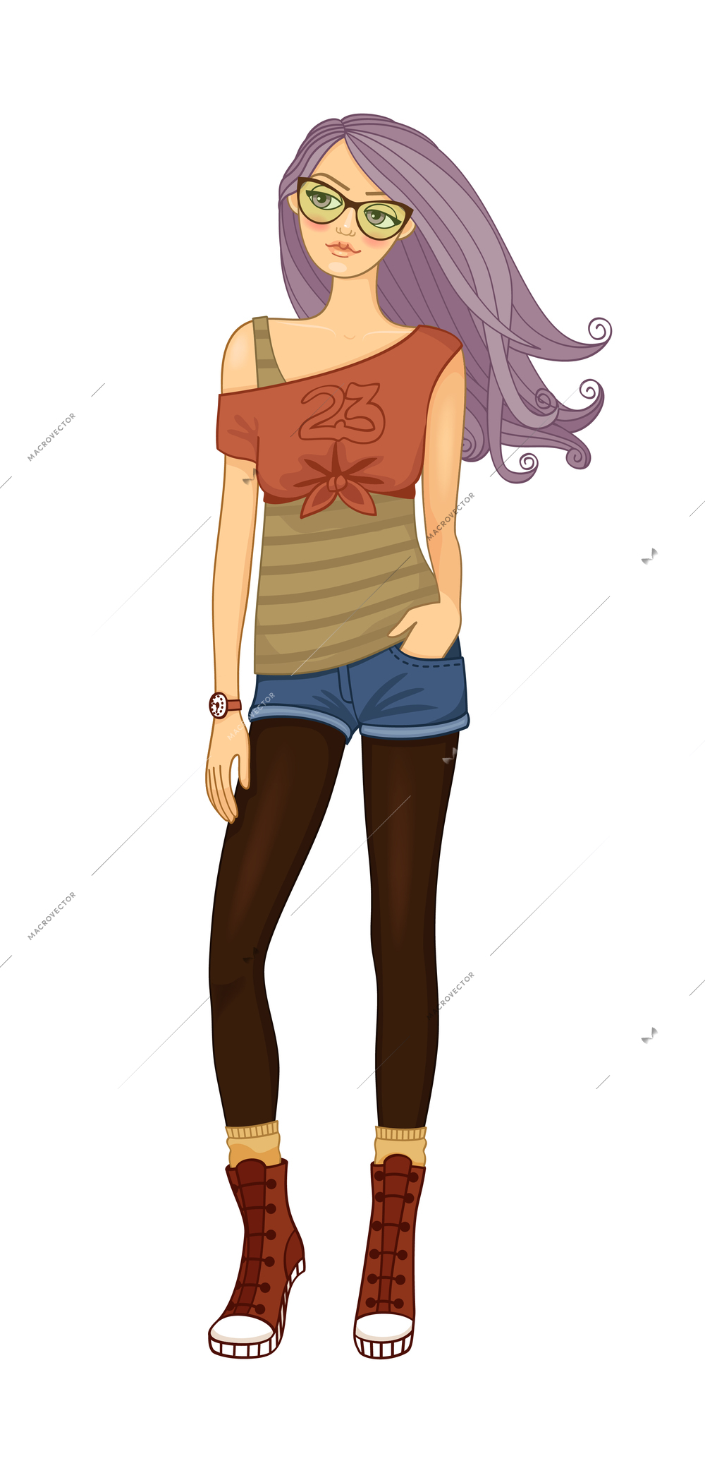 Beautiful trendy modern girl with purple hair flat vector illustration