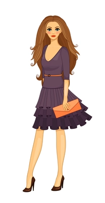 Beautiful girl with brown hair wearing dress flat vector illustration