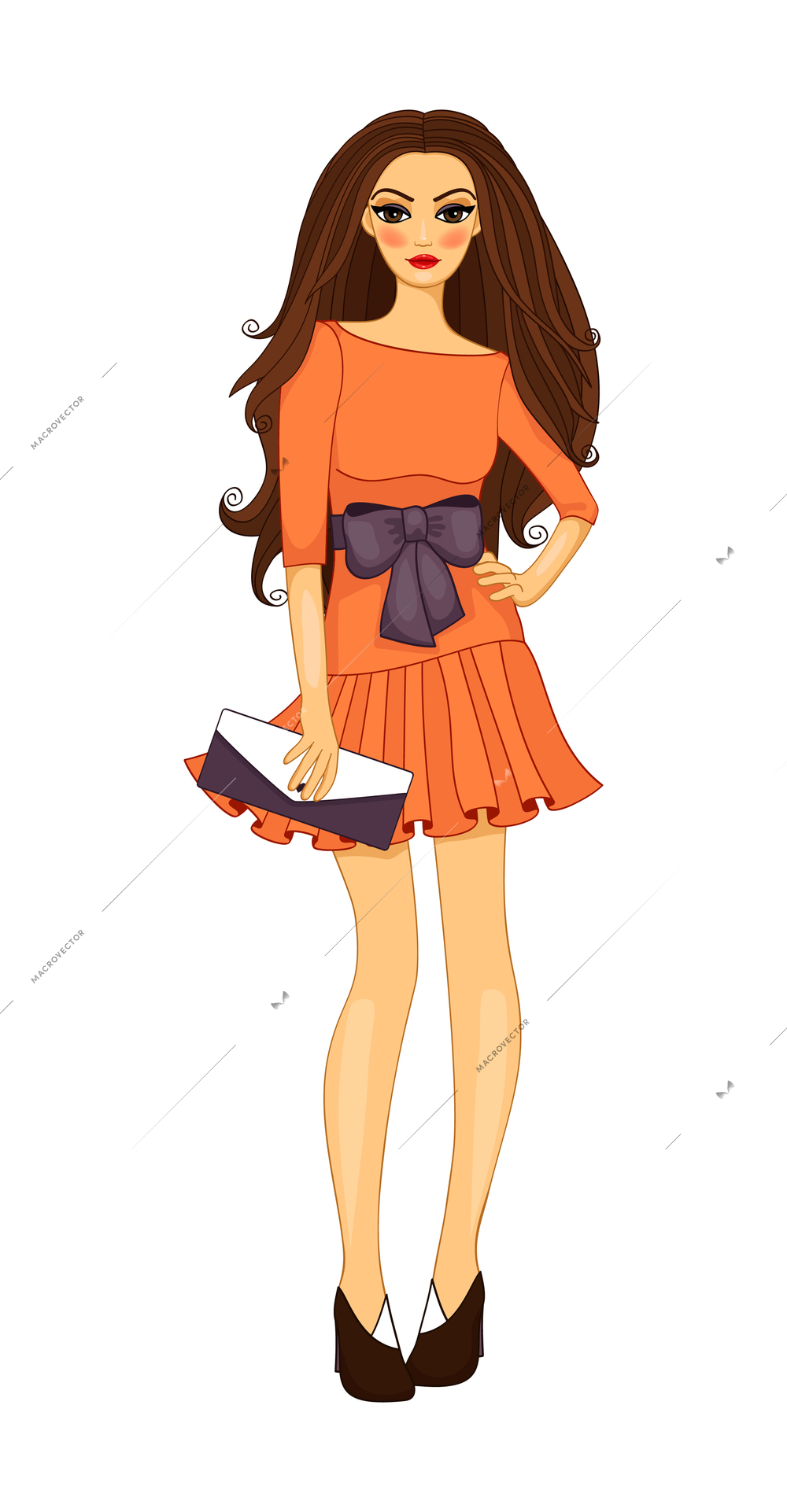 Young girl in orange dress holding clutch flat vector illustration