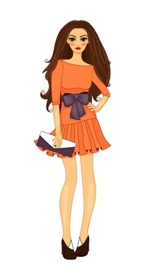 Young girl in orange dress holding clutch flat vector illustration