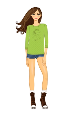 Flat girl with brown hair wearing green tshirt and shorts vector illustration