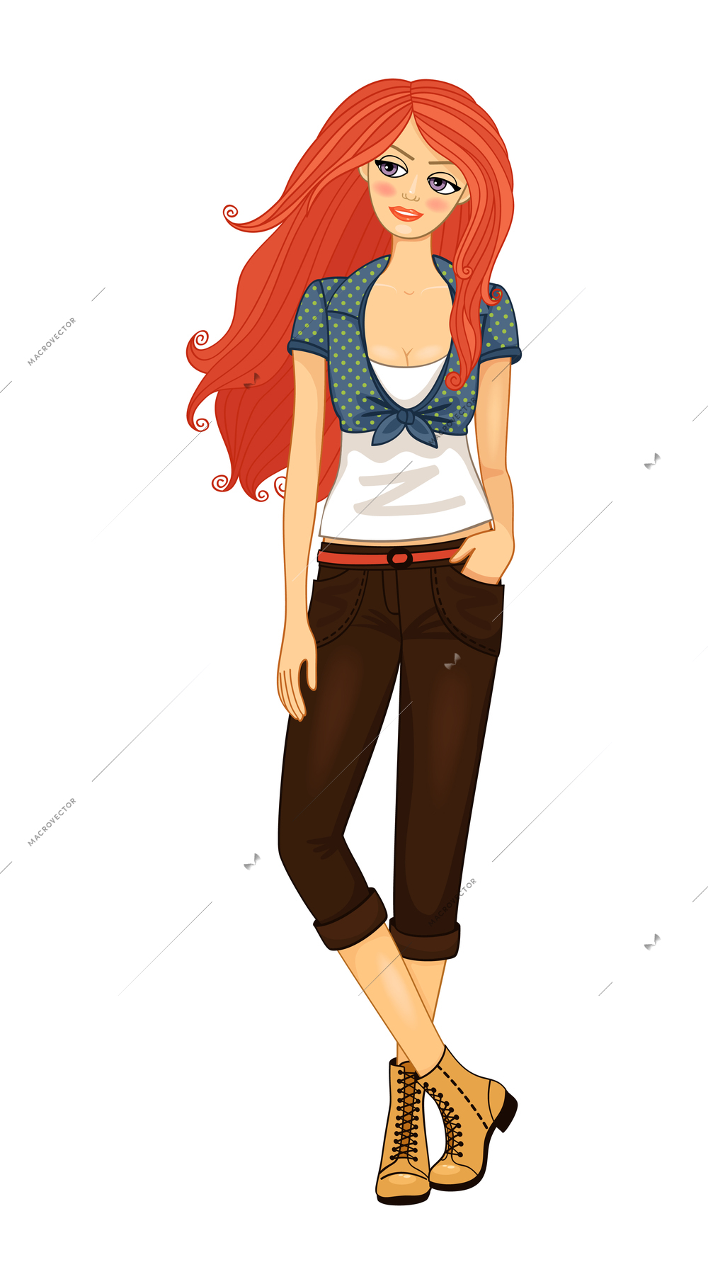 Lady with long red hair on white background flat vector illustration