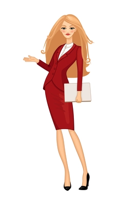 Business woman in red suit on white background flat vector illustration