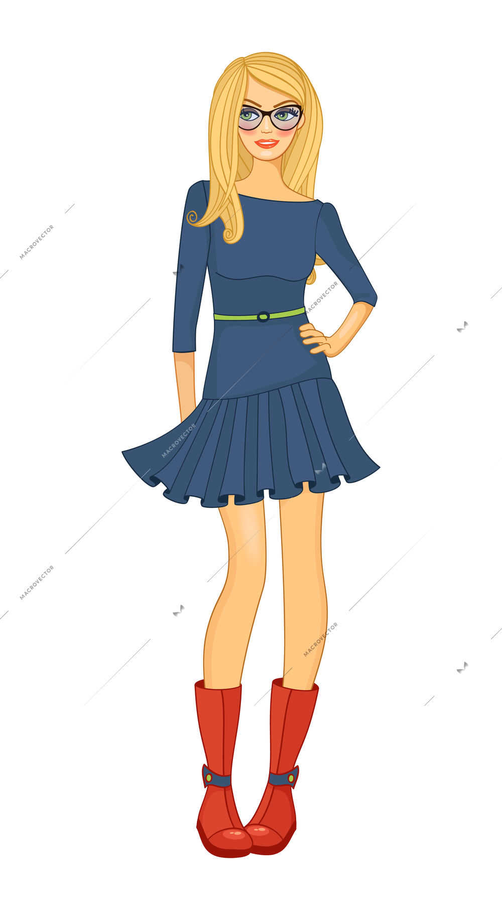 Fashionable woman with glasses in dress and red boots flat vector illustration